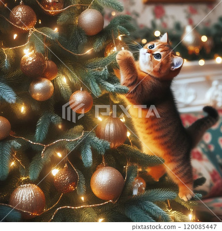 cat tries to climb a decorated Christmas tree cat tries to climb a decorated Christmas tree 120085447