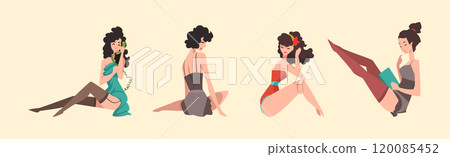 Seductive Pin Up Girls in Sexy Clothing Posing Vector Set 120085452