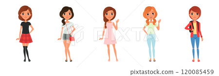 Young Woman Modern Student Character Standing in Casual Fashion Wear Vector Set 120085459