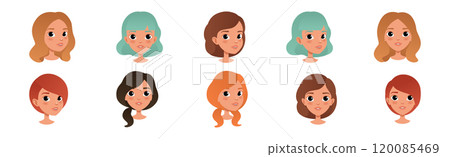 Woman Smiling Face Head with Different Hairstyle Vector Set 120085469