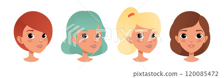 Woman Smiling Face Head with Different Hairstyle Vector Set 120085472