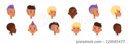 Teen Boy Smiling Face Head with Different Hairstyle Vector Set Teen Boy Smiling Face Head with Different Hairstyle Vector Set 120085477