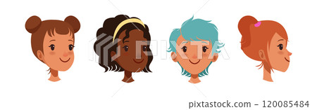 Teen Girl Smiling Face Head with Different Hairstyle Vector Set 120085484