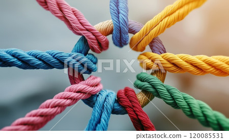 Central Network Connection: A Concept Of Diverse Ropes Connected To A Central Rope, Representing Connectivity And Linking To A Support Structure. 120085531