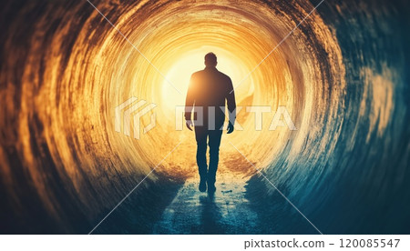 Man Emerging From A Dark Tunnel Into The Light: Symbolizing Hope, Renewal, And A New Beginning After A Time Of Darkness. 120085547