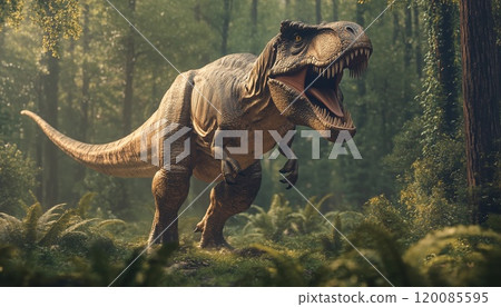 Tyrannosaurus Rex Roaming The Jungle: A Stunning 3d Rendered Illustration Featuring The Iconic Prehistoric Predator In Its Natural Habitat. Tyrannosaurus Rex Roaming The Jungle: A Stunning 3d Rendered Illustration Featuring The Iconic Prehistoric Predator In Its Natural Habitat. 120085595
