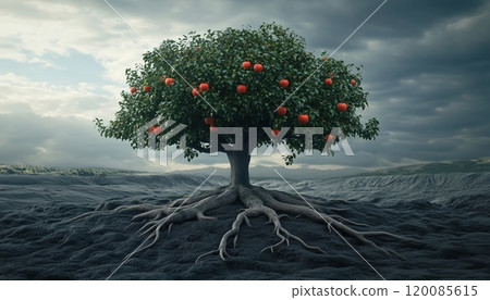 3d Render Illustration Of A Conceptual Tree Featuring An Apple And Root, Showcasing The Beauty Of Digital Art And Design. 120085615