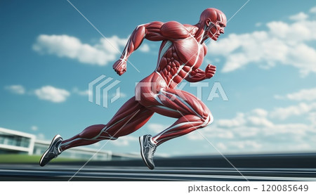 3d Render Illustration Of A Male Muscular System Running On A Track, Showcasing Detailed Anatomy And Movement Simulation. 3d Render Illustration Of A Male Muscular System Running On A Track, Showcasing Detailed Anatomy And Movement Simulation. 120085649