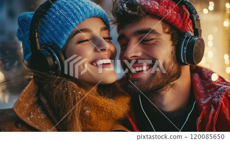 Romantic Couple Enjoying Music Together Through Headphones, Sharing A Melodic Moment With Each Other In Intimate Setting. Romantic Couple Enjoying Music Together Through Headphones, Sharing A Melodic Moment With Each Other In Intimate Setting. 120085650