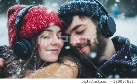A Couple Enjoying Music Together Through Headphones - Spending Quality Time Together While Listening To Their Favorite Music Tracks. A Couple Enjoying Music Together Through Headphones - Spending Quality Time Together While Listening To Their Favorite Music Tracks. 120085651