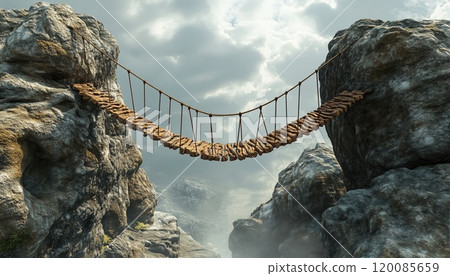 3d Render Illustration Of A Rope Bridge Spanning Between Two Large Rocks, Created For A Stunning Visual Effect. 120085659
