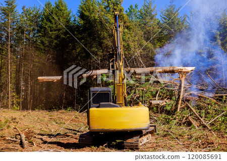 Using an excavator to uproot trees when preparing construction site for building house Using an excavator to uproot trees when preparing construction site for building house 120085691