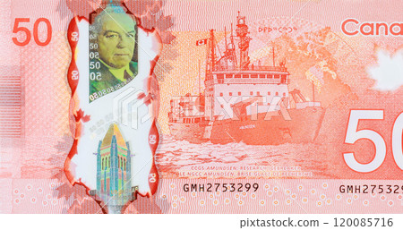 Fifty dollar polymer banknotes issued by Bank of Canada in denominations back view 120085716