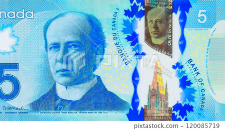Canadian five dollar denominations of polymer banknotes money issued by Bank of Canada front view 120085719