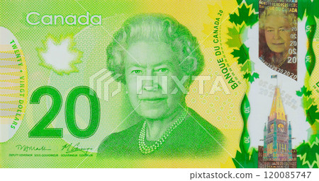 Money issued by Bank of Canada in denomination twenty dollars in polymer front view 120085747