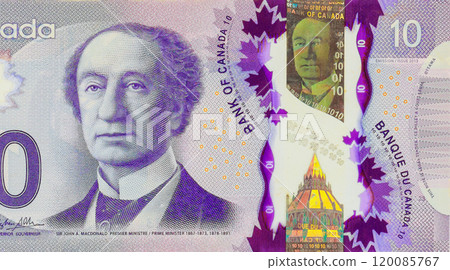 Canadian polymer banknotes in denomination ten dollars issued by Bank of Canada front view Canadian polymer banknotes in denomination ten dollars issued by Bank of Canada front view 120085767