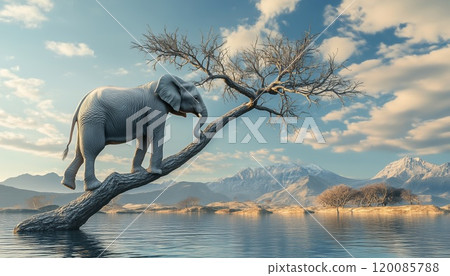 3d Render Illustration Of Elephant Standing On Thin Branch Of Withered Tree In Surreal Landscape. 3d Render Illustration Of Elephant Standing On Thin Branch Of Withered Tree In Surreal Landscape. 120085788