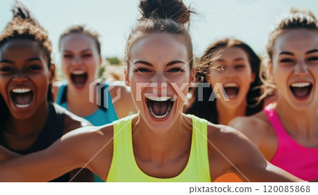 Diverse Group Of Female Athletes Standing United In Excitement And Victory, Screaming In Joyful Celebration Of Their Success. 120085868