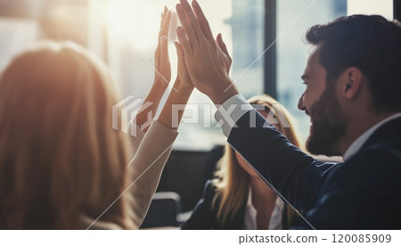 Female Business Executive High-Fiving Male Colleague In Boardroom Meeting. Professionals Give High-Fives In Business Meeting Setting. Female Business Executive High-Fiving Male Colleague In Boardroom Meeting. Professionals Give High-Fives In Business Meeting Setting. 120085909