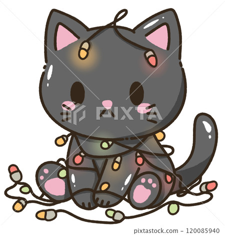 A black cat tangle up with holiday lights Christmas Hand drawn doodle illustration kawaii cute cat. Pet cartoon character. Kitten Collection of design elements invitation greeting card 120085940