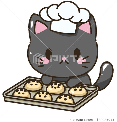 A black cat wearing chef hat baking cookies Christmas Hand drawn doodle illustration kawaii cute cat. Pet cartoon character. Kitten Collection of design elements invitation greeting card 120085943
