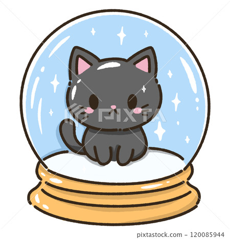 a black cat inside a snow globe Christmas Hand drawn doodle illustration kawaii cute cat. Pet cartoon character. Kitten Collection of design elements invitation greeting card 120085944