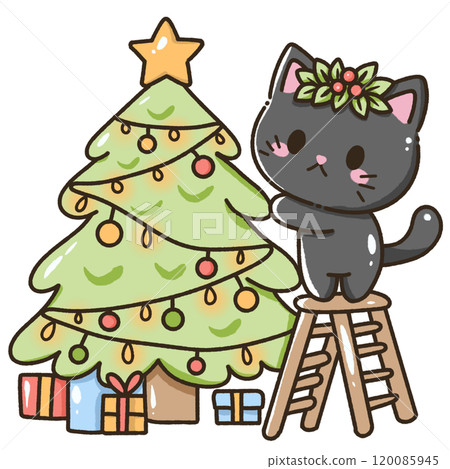 A black cat is decorating a christmas tree Christmas Hand drawn doodle illustration kawaii cute cat. Pet cartoon character. Kitten Collection of design elements invitation greeting card A black cat is decorating a christmas tree Christmas Hand drawn doodle illustration kawaii cute cat. Pet cartoon character. Kitten Collection of design elements invitation greeting card 120085945
