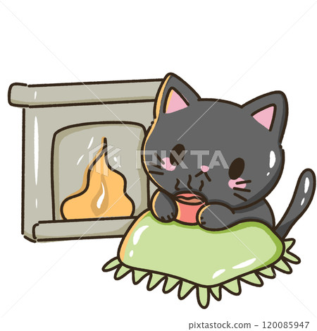 A black cat is sitting cozy next to a fire place Christmas Hand drawn doodle illustration kawaii cute cat. Pet cartoon character. Kitten Collection of design elements invitation greeting card A black cat is sitting cozy next to a fire place Christmas Hand drawn doodle illustration kawaii cute cat. Pet cartoon character. Kitten Collection of design elements invitation greeting card 120085947