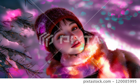 A joyful girl celebrates the arrival of the first snow in winter, surrounded by colorful effects and a magical snowy landscape 120085995