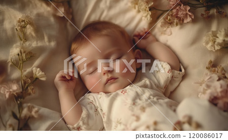 Infant Peacefully Asleep On A Cozy Bed. Perfect Image For Designing A Banner. Great For Nursery Themes Or Baby-Related Projects. 120086017