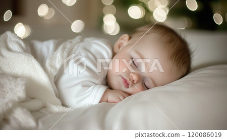 Infant Peacefully Resting On A Comfortable Bed. Perfect Visual Element For Creating A Captivating And Heartwarming Design Banner. Cute Baby Sleeping Image. 120086019