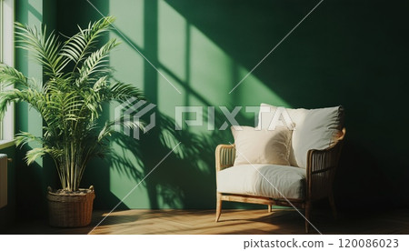 Cozy Armchair With Pillows And Houseplant By Green Wall In A Room'S Interior Placed For A Warm And Comfortable Ambiance 120086023
