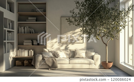 Light Living Room With Sofa, Olive Tree, And Shelf Units: A Cozy Living Space Featuring A Comfortable Couch, A Flourishing Olive Tree, And Stylish Storage Shelves. 120086024