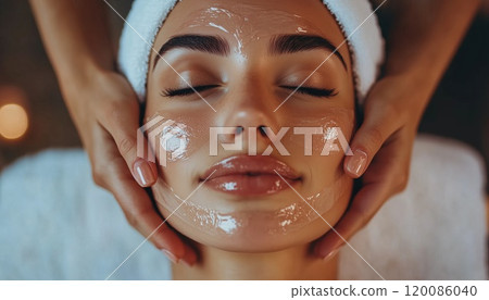 Close-Up Shot Of A Young Woman Enjoying A Facial Massage At A Salon: Capturing A Relaxing Moment Of Self-Care And Pampering. Close-Up Shot Of A Young Woman Enjoying A Facial Massage At A Salon: Capturing A Relaxing Moment Of Self-Care And Pampering. 120086040