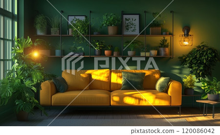 Living Room Interior With Sofa, Shelving Unit, Houseplants, And Glowing Lamps. A Cozy And Stylish Space For Relaxation And Entertainment. 120086042