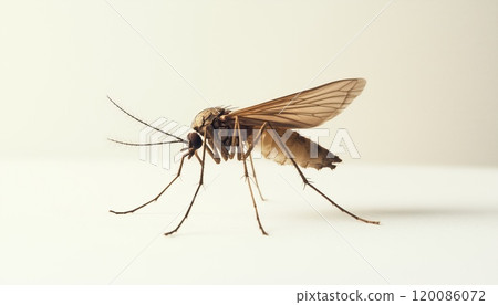 Close-Up View Of Deadly Mosquito On White Background, Known Carrier Of Malaria, Encephalitis, And Dengue. Captured In Detailed Macro Shot. 120086072