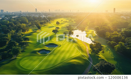 Aerial View Of Stunning Golf Course Landscape At Sunrise In Bangkok, Thailand. Beautiful Golf Field Seen From Above. Aerial View Of Stunning Golf Course Landscape At Sunrise In Bangkok, Thailand. Beautiful Golf Field Seen From Above. 120086136