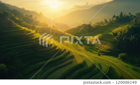Magnificent Aerial View Of The Stunning Terraced Rice Fields At Pa Bong Piang, Mae Chaem, Chiang Mai, Thailand During Sunset時間. 120086149