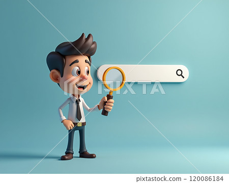 A young cartoon boy holding a magnifying glass while looking at a search bar against a blue background in a digital context 120086184