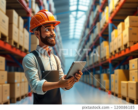 Warehouse worker managing inventory with a tablet while smiling amidst stacked cardboard boxes 120086185