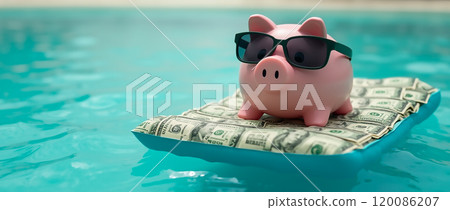 A cheerful piggy bank wearing sunglasses relaxing on a dollar-bill float in a tranquil pool during a sunny day A cheerful piggy bank wearing sunglasses relaxing on a dollar-bill float in a tranquil pool during a sunny day 120086207