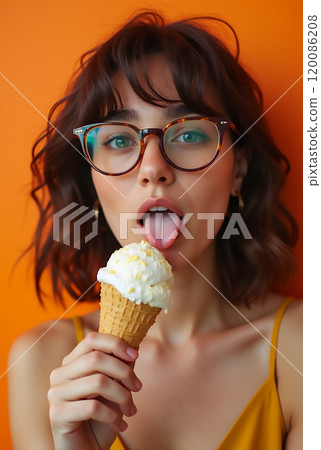 Young woman playfully poses with an ice cream cone against a vibrant orange wall on a sunny day Young woman playfully poses with an ice cream cone against a vibrant orange wall on a sunny day 120086208