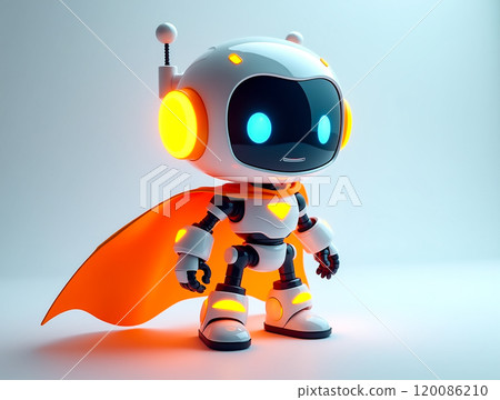 A friendly robot superhero with glowing features stands ready for adventure in a bright, futuristic setting A friendly robot superhero with glowing features stands ready for adventure in a bright, futuristic setting 120086210