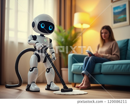 A domestic robot vacuum cleaner operates while a woman relaxes on a couch in a cozy living room during the afternoon A domestic robot vacuum cleaner operates while a woman relaxes on a couch in a cozy living room during the afternoon 120086211