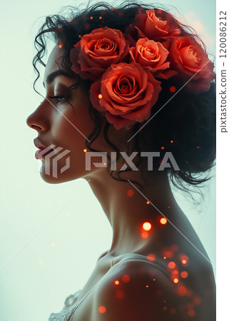 A woman with curly hair adorned with orange roses poses gracefully in soft light against a blurred background 120086212