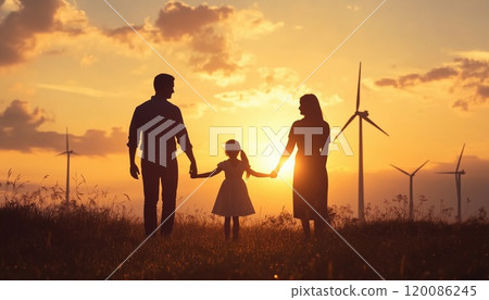Happy Family'S Silhouette Enjoying Windmill Field At Sunrise: Sustainable Energy Generation Concept With Parents And Daughter Hand In Hand. 120086245