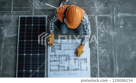 Architect Engineer Working On Solar Panel And Blueprints With Clean Energy Equipment On Construction Site. Copy Space Available. Clean Energy Concept. 120086254