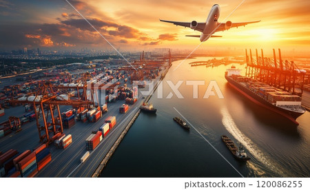 Cargo Plane Flying Above Ship Port, Covering World Map Of Import-Export: Network Logistics Partnership Connection At Busiest Container Ports With Ships Loading And Unloading In Background. 120086255