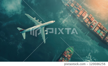 Cargo Plane Flying Over Ship Port Covering World Map Import-Export, Network Logistics Partnership Connecting Busiest Container Ports With Container Ships Loading And Unloading In Background. 120086256