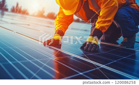 Skilled Engineering Technician Trained In Installing Solar Photovoltaic Panels System And Checking Solar Cell Installations On Factory Roofs 120086258